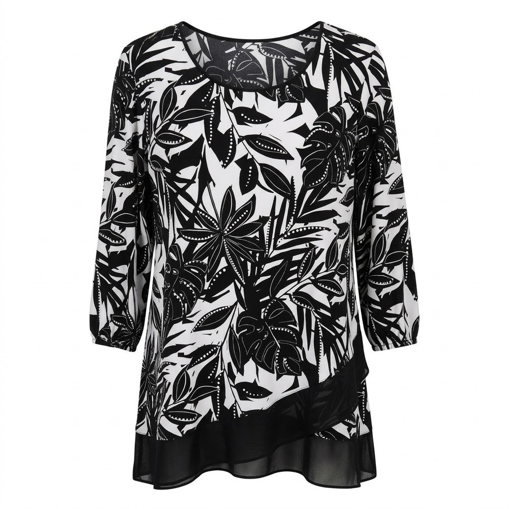NEW Allison Daley Woman 3X Black White Tropical Leaf Tunic Blouse 3/4 Sleeve